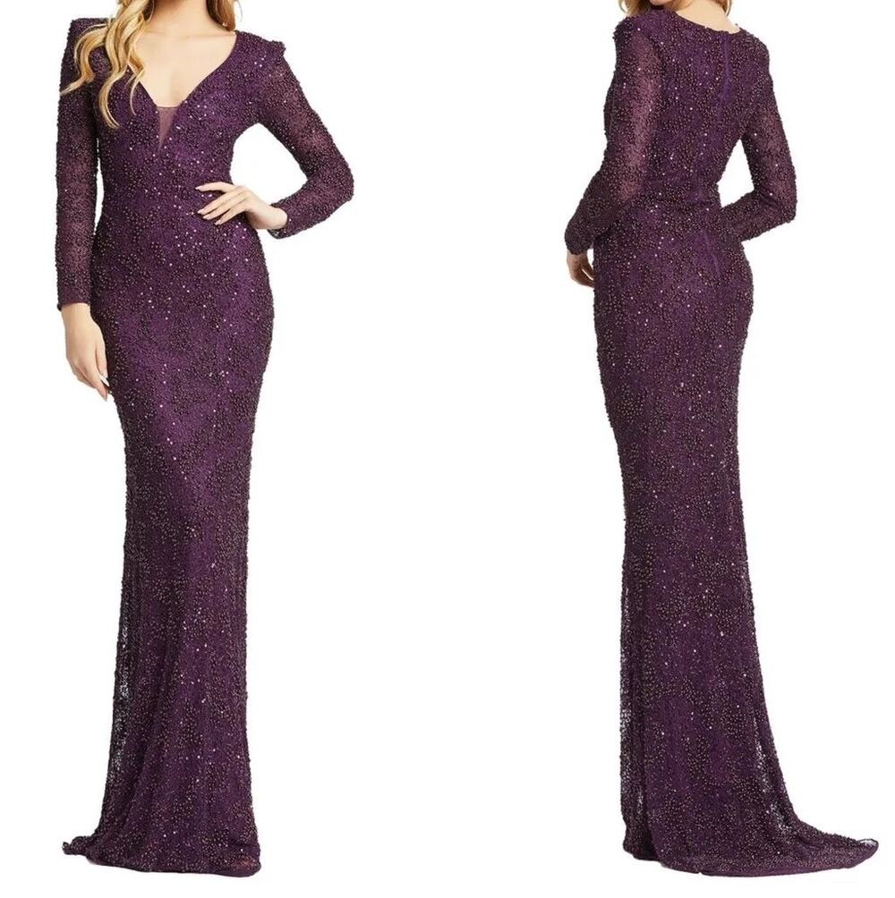 Mac Duggal Beaded Sequined Plunge Neck Evening Gown Style 5177D Sz 6 in Plum New